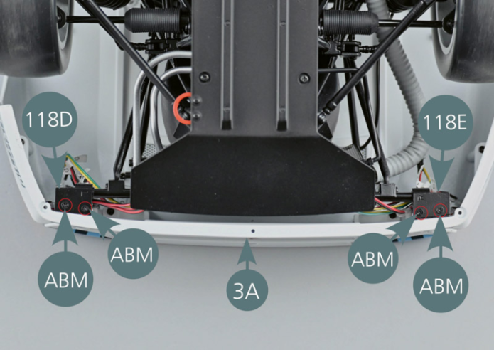 Position the front bonnet (1A) by matching the pins on the central part of the body (93A) with the two openings on the bonnet (yellow circle). Turn the assembly over and attach the two hinges (118D&118E) to the front bumper (3A) using two ABM screws on each side.