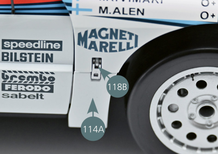 Re-close the bonnet and lock the right front bonnet fastener (118B) to the right front bonnet/door partition (114A). Then lock the left front bonnet fastener (118B) to the left front bonnet/door partition (113A).