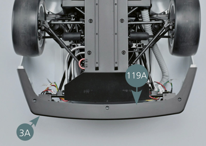 Turn the model over with care. Position the bumper blade (119A), with the black side facing up, on the front bumper (3A), and secure it with 3 TM screws.