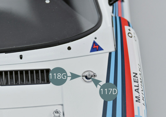 Close the front bonnet (1A) and insert the retaining clip pin (118G) into the opening in the front bonnet support pin (117D), then place the pin ring (118H) as shown in the photo.Repeat the process for the second retaining pin on the other side of the bonnet.