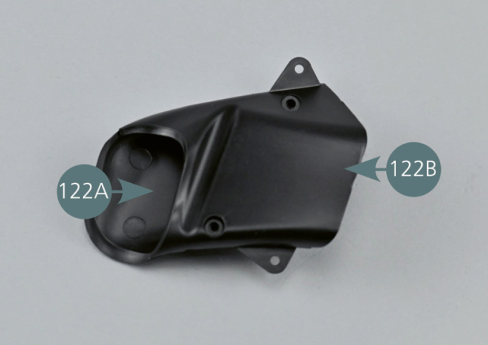 Assemble the two parts of the air intake (122A&122B), ensuring that the mounting points are positioned in the corresponding housings. Secure the assembly with two AP screws.