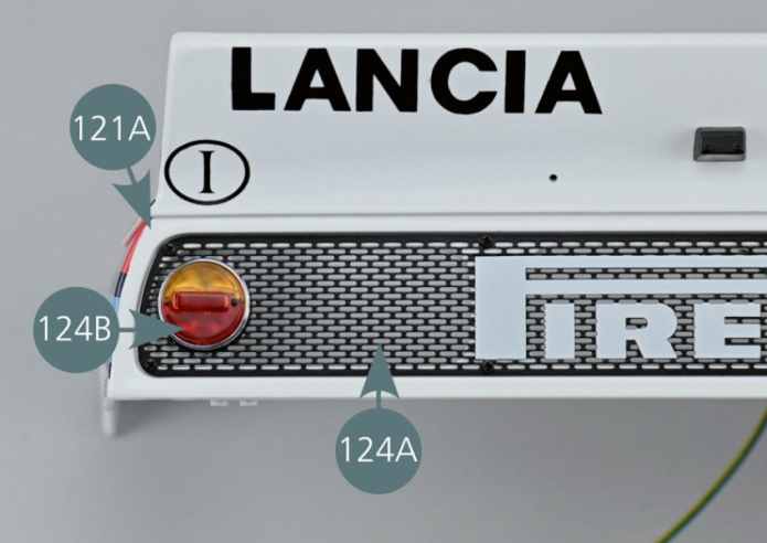 Place the left rear light in the housing located on the rear grille (124A) and the rear bonnet (121A), and secure it from the inside using an AP screw.