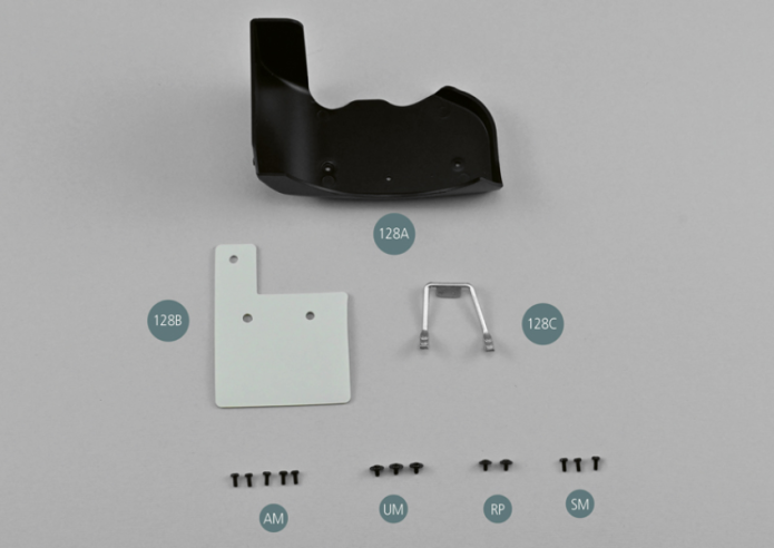 128A Garde-boue arrière gauche128B Bavette128C Renfort de bavetteAM Vis M 1,7 x 4 mm (x 5)UM Vis M 1,7 x 3 x 5,5 mm (x 3) RP Vis M 1,7 x 3 x 5,5 mm (x 2) SM Vis M 1,7 x 3 mm (x 3) 