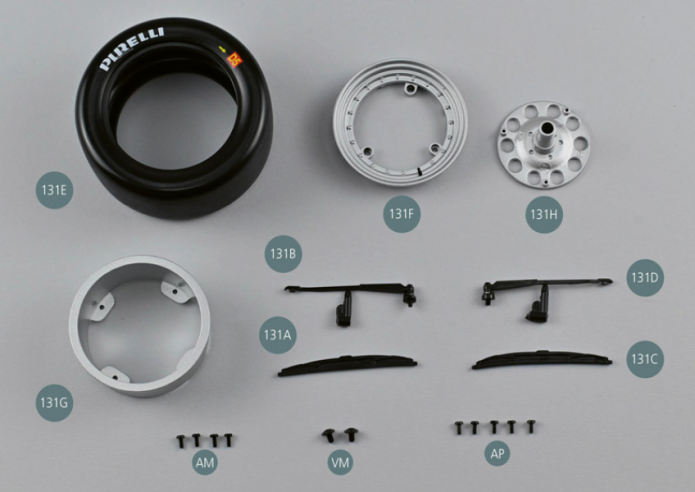 131A Balai d’essuie-glace gauche131B Bras d’essuie-glace gauche131C Balai d’essuie-glace droit131D Bras d’essuie-glace droit131E Pneumatique arrière droit131F Jante de roue extérieure droite131G Jante de roue centrale droite131H Jante de roue intérieure droiteAM Vis M 1,7 x 4 mm (x 4)VM Vis M à tête plate 2,3 x 4 x 6 mm (x 2)AP Vis P 1,7 x 4 mm (x 5)