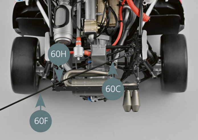 En gardant le capot arrière 121A ouvert, accoupler le joint 60H à la seconde barre de maintien de capot 60C #1. Relever le capot arrière 121A et placer la barre de maintien 60F #2 sur la grille arrière 124A pour le maintenir ouvert. Pour fermer le capot arrière, désaccoupler la barre 60F #2 du joint 60H, plier la barre et la positionner dans le verrou 60B et sur la patte de fixation 60G. Fermer le capot arrière 121A et remettre en place les deux goupilles de verrouillage 130C.