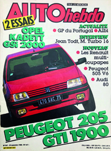 The 205 GTI 1900 occupies the entire front page of Auto Hebdo's issue 541 dated 24 September 1986.© IXO Collections SAS - Tous droits réservés. Crédits photo © Archives & Collections