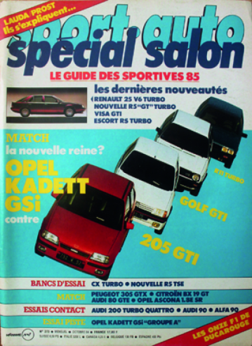 Regelmäßig werden in Autozeitschriften wie Sport Auto (hier Nr. 273 vom Oktober 1984) Vergleiche zwischen den verschiedenen GTI des Marktes vorgeschlagen, aus denen der 205 oft als Sieger hervorgeht.© IXO Collections SAS - Tous droits réservés. Crédits photo © DR