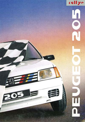 Le catalogue de la 205 Rallye exprime clairement son caractère sportif avec le drapeau à damiers et le marquage aux couleurs de Peugeot Talbot Sport.© IXO Collections SAS - Tous droits réservés. Crédits photo © Peugeot