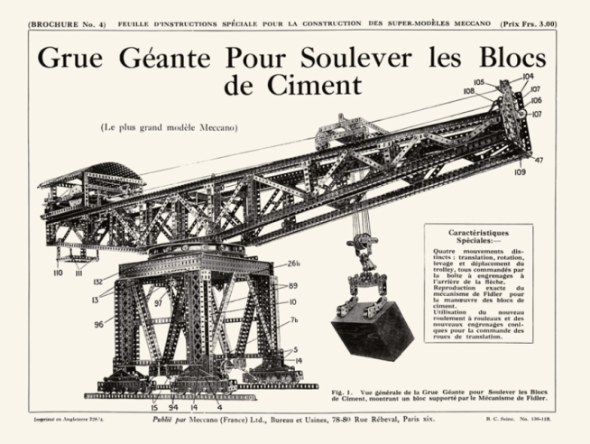 Notice de la « Grue Géante Pour Soulever les Blocs de Ciment » reproduite dans la brochure No 4 – Feuille d’instructions spéciale pour la construction des Super-Modèles Meccano®. © IXO Collections SAS - Tous droits réservés. 