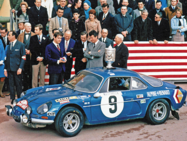 Marcel Callewaert and Jean-Luc Thérier are congratulated on their second position by Alpine boss Jean Rédélé (in grey suit). © IXO Collections SAS - Tous droits réservés. Crédits photo ©   Renault D.R. / Archives et Collections