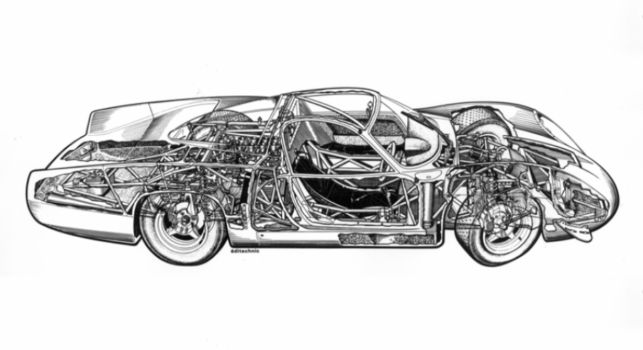 Sur cet éclaté technique de l’A 220 de 1968, on peut voir la structure tubulaire du châssis, ainsi que la disposition des radiateurs d’eau sur les côtés, devant les roues arrière.  © IXO Collections SAS - Tous droits réservés. Crédits photo ©  Renault D.R. / Archives et Collections