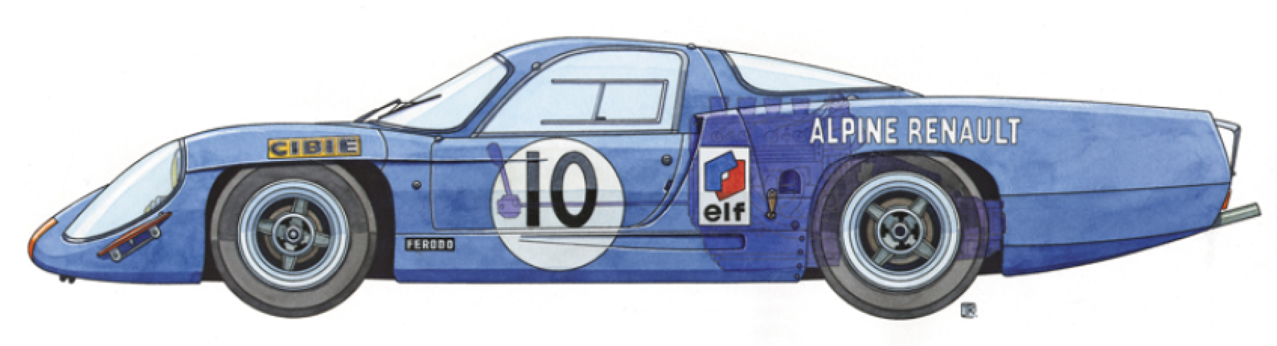 Ce profil de l'Alpine A 220 de 1968 permet de voir la disposition longitudinale et centrale arrière du moteur et de la boîte de vitesses. © IXO Collections SAS - Tous droits réservés. Crédits photo ©  Renault D.R. / Archives et Collections