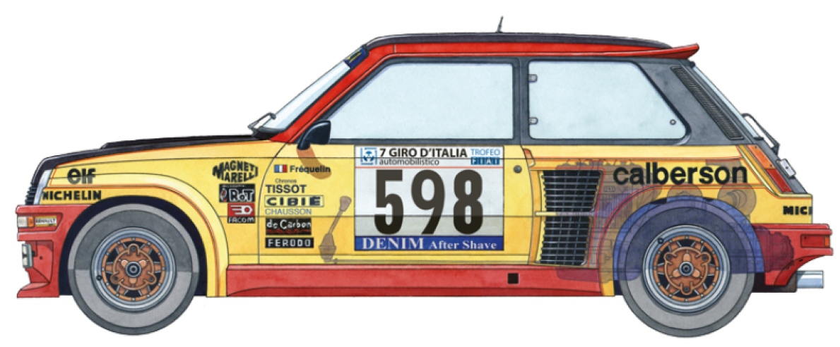 Profile of the Renault 5 Turbo in its first race in October 1979, at the 7th Tour of Italy, in which Guy Fréquelin and Jean-Marc Andrié dropped out. © IXO Collections SAS - Tous droits réservés. Crédits photo ©  Renault D.R.