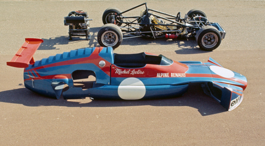 This view of the Alpine A perfectly illustrates the construction principle of the brand's single-seaters, with a tubular chassis and a body made of polyester and fibreglass. © IXO Collections SAS - Tous droits réservés. Crédits photo © Renault D.R. / Archives et Collections 