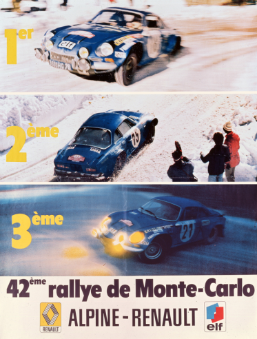 La storica tripletta di Alpine al Rally di Monte Carlo è stata una grande vetrina per la rete di vendita della Régie Renault. © IXO Collections SAS - Tous droits réservés. Crédits photo ©  Renault D.R. / Archives et Collections