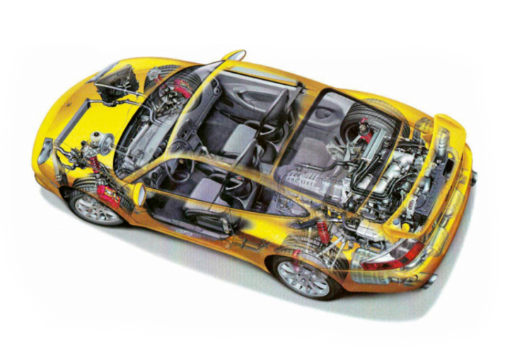 This fictional view shows the rear-mounted 3.6-litre flat 6-cylinder engine with the transmission in the front. © IXO Collections SAS - Tous droits réservés. Crédits photo © Porsche / D.R.