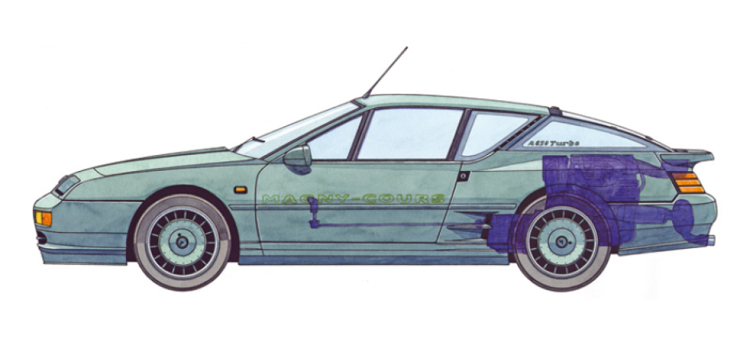 O mais recente Alpine A610 está decorado com o nome "Magny-Cours" nas duas portas dianteiras e com a inscrição verde "A610 Turbo" nos vidros traseiros. © IXO Collections SAS - Tous droits réservés. Crédits photo ©  Renault D.R. / Archives et Collections