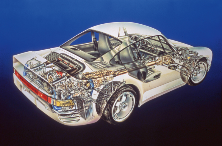 Avec son moteur biturbo, son châssis à réglage électronique, sa transmissionintégrale innovante et sa carrosserie très aérodynamique, la 959 est le porte-drapeau technologique de Porsche à l’époque. © IXO Collections SAS - Tous droits réservés.  Crédits photo © Porsche / D.R.