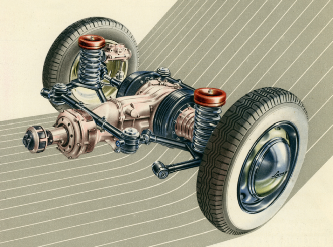 Auf dieser technischen Zeichnung kann man das Prinzip des an der De-Dion-Achse befestigten Getriebes deutlich sehen. © IXO Collections SAS - Tous droits réservés. Crédits photo © Lancia D.R.