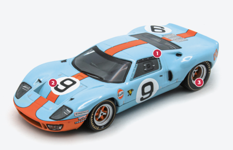 1. The number 40 which follows the GT symbol indicates the height of the car in inches, i.e. approximately one metre. This 'lowering' is intended to optimise the aerodynamics, which at first proved to be so poor that it required a great deal of fine-tuning.2. Unlike other rear-engine sports cars, the Ford GT40 featured a radiator mounted in the traditional front position and laterally or behind the engine.3. The GT40's Halibrand wheels, made of magnesium to reduce weight, were configured to facilitate cooling of the brakes and to allow the use of a central mounting with wing nuts of the knock-off type, easy to tighten or release with a hard rubber or lead hammer.© IXO Collections SAS - Tous droits réservés. 