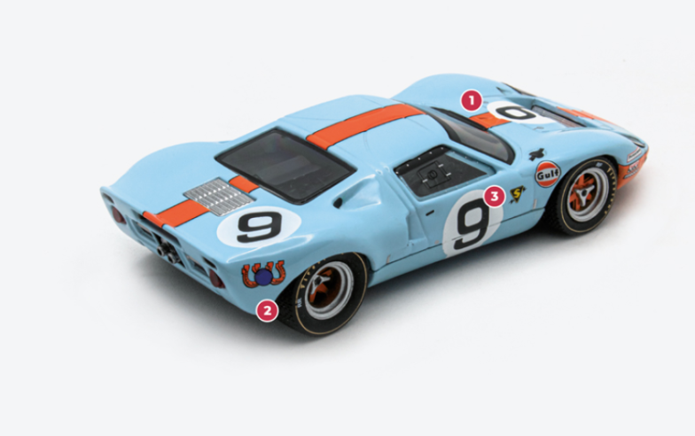 1. La Ford GT40 à moteur de 5 litres gagnante au Mans en 1968 (châssis n° 1075) est engagée à nouveau l’année suivante. Bien qu’il ne soit pas champion du monde, le modèle obtient encore de beaux résultats, dont l’incroyable succès au Mans de Jacky Ickx et Jackie Oliver, partis derniers.2. La GT40 ne fait pas partie des « poids plumes » malgré tous les efforts de Ford pour limiter sa masse. Entre autres choix, on note le montage d’éléments de suspensions en magnésium.3. Parmi les solutions pour faciliter l’utilisation en course de la GT40 : les portières à grande ouverture et les volets coulissants sur les vitres en plastique. Le dessin des portes facilite l’accès à bord pour les pilotes, qui peuvent se laisser tomber pour se glisser dans l’habitacle.© IXO Collections SAS - Tous droits réservés. 