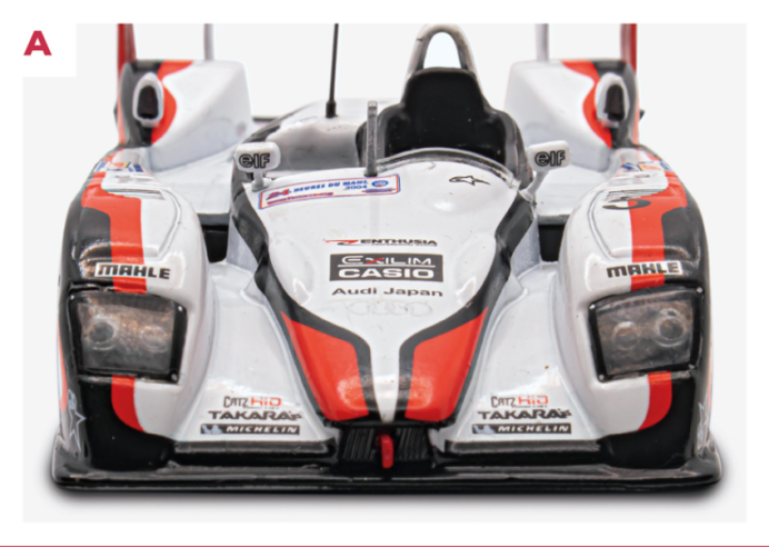 A. Il regolamento LMP1 ha imposto anche di allungare lo sbalzo anteriore per rendere le vetture in gara a Le Mans meno soggette agli effetti del beccheggio. © IXO Collections SAS - Tous droits réservés. 