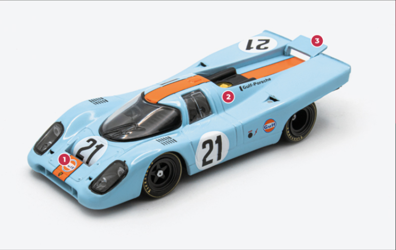 1. The sky blue and orange colours, famous in competition in the 1960s and 1970s, were the colours of the Gulf Oil Corporation, sponsor of the J.W. Automotive Engineering team established by the Englishman John Wyer.2. The engine of the 917 is not a real boxer, but a 180° V12 (flat). Rodriguez and Kinnunen's car no. 21 was fitted with the 4.9-litre version developed during the first half of 1970. 3. In 1970, the tail of the 917 K was raised and enlarged by around ten centimetres to accommodate wider rear tyres.© IXO Collections SAS - Tous droits réservés. 