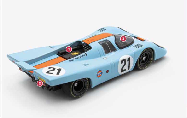 1. Among the changes introduced in 1970 was the removal of the transparent top cover that protected the intake ducts and the horizontal extractor used to evacuate the air accumulated underneath the car so that it was more firmly planted on the ground.2. With its short, truncated, rising tail, the 917 K only covers the engine and suspension, but also helps to cool the V12 engine..3. Pedro Rodriguez and Leo Kinnunen, the drivers of the No. 21 917 K, also finished second in the Targa Florio in May 1970 with a Porsche 908/03. The Mexican champion was also known for his victory in the 1968 Le Mans 24 Hours in a Ford GT 40 teamed with Lucien Bianchi.© IXO Collections SAS - Tous droits réservés. 