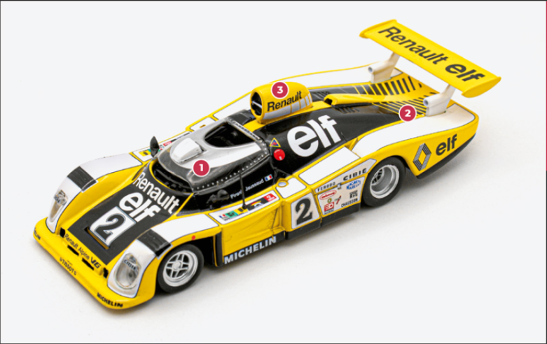 1. The wind-tunnel-tested plexiglass wrap-around windscreen improves aerodynamics to the point of increasing the car's top speed by almost 10 km/h, even though it makes the passenger compartment suffocating and reduces visibility.2. The engine, a supercharged 1,997 cm3 90° V6, develops 500 bhp. On the sole A443 entered at Le Mans, this power reached 520 bhp.3. The Alpine A442s feature a bonnet air intake positioned high above the passenger compartment: an effective solution for supplying fresh air to the engine positioned just behind the driver.© IXO Collections SAS - Tous droits réservés. 