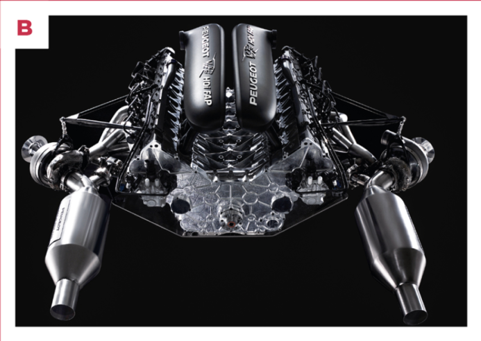 B. The engine developed by Peugeot is a V-shaped 12-cylinder engine open at 100° in order to lower the centre of gravity of the 908 HDi FAP. © IXO Collections SAS - Tous droits réservés. 