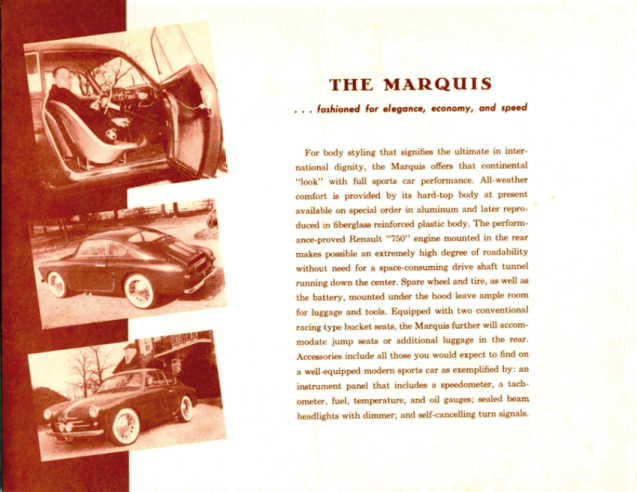 La « The Marquis » avait même fait l’objet d’un dépliant publicitaire vantant toutes les qualités d’une « voiture de sport moderne ». © IXO Collections SAS - Tous droits réservés. Crédits photo ©  Renault D.R. / Archives et Collections