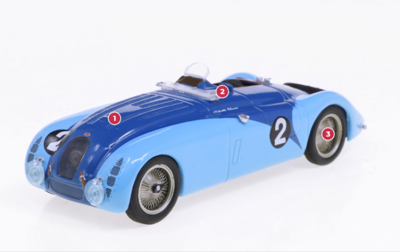  1. Su diseño elegante y aerodinámico permitió al Type 57G alcanzar la notable velocidad de 220 km/h, y más allá.2. Sólo sobrevivió uno de los tres (o cuatro) 57G construidos por Bugatti: fue el ganador de Le Mans en 1937, restaurado en la década de 1960 y conservado actualmente en el Museo de la Fundación Simeone de Filadelfia.3. Las llantas especiales de radios de 19 pulgadas son las que montaba el Type 59 Grand Prix, un modelo de carreras producido por Bugatti a partir de 1933.© IXO Collections SAS - Tous droits réservés. 