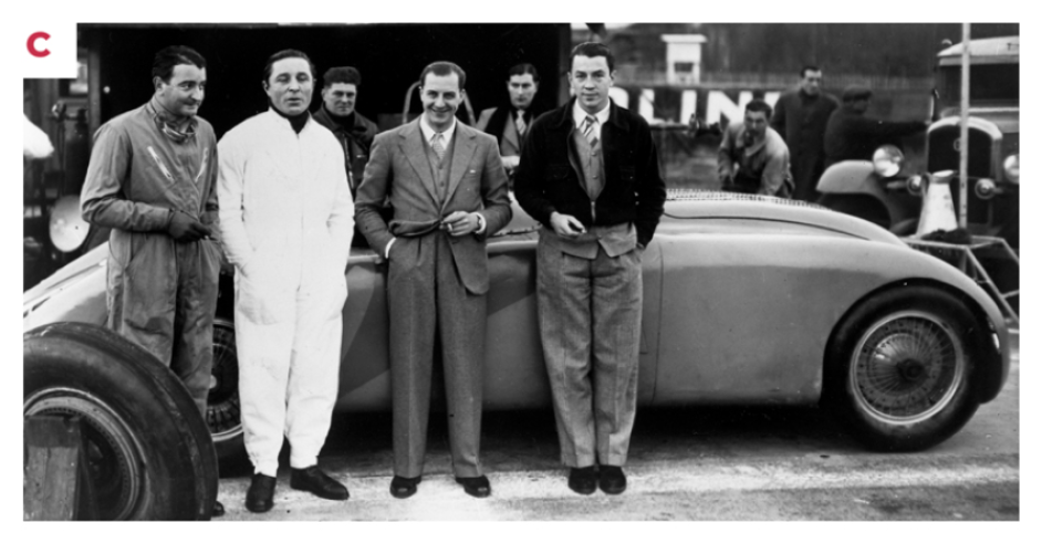 C. Drivers of the Bugatti 57G, from left to right: William Grover-Williams, Pierre Veyron, Jean Bugatti, son of the brand's founder Ettore, and Jean-Pierre Wimille. © IXO Collections SAS - Tous droits réservés. 