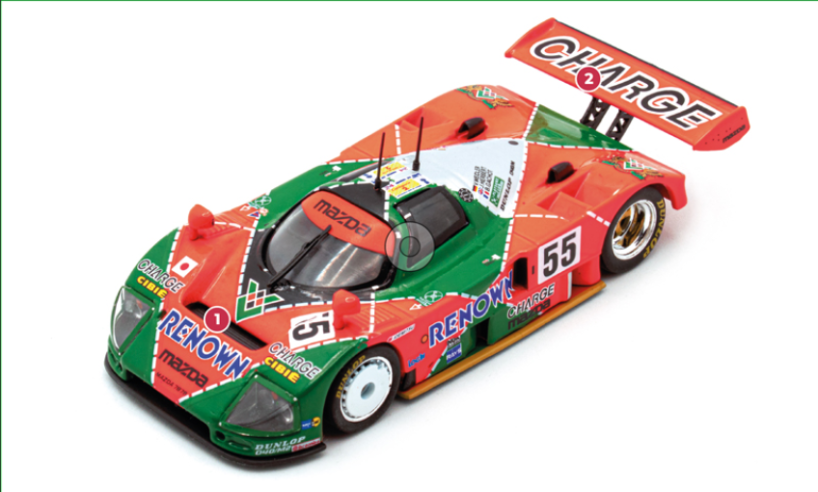  1.  The winning car in 1991 was the only one of the three Mazdas to be painted in the colours of sponsor Renown, a clothing manufacturer. The other two were in white.2. The 787B was difficult to distinguish externally from the 787 because the improvements were more technical than aerodynamic. However, the rear wing was different.© IXO Collections SAS - Tous droits réservés. 