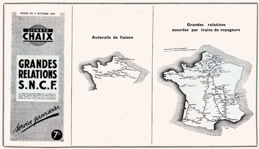 Uma peça de coleção muito rara, um folheto de horários de Chaix publicado pela SNCF em outubro de 1944, quando a França estava em plena guerra com os desembarques dos Aliados na Normandia. O serviço era descrito como "provisório".  © IXO Collections SAS - Tous droits réservés. Crédits photo © Collection Trainsconsultant-Lamming