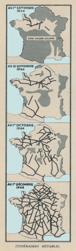 A velocidade espantosa com que os ferroviários da SNCF repararam as principais linhas da rede nacional francesa entre setembro e dezembro de 1944, um período de quatro meses! E pensar que o fizeram com ferramentas manuais, escadas, pilhas de pedras e cunhas de madeira.  © IXO Collections SAS - Tous droits réservés. Crédits photo © Collection Trainsconsultant-Lamming