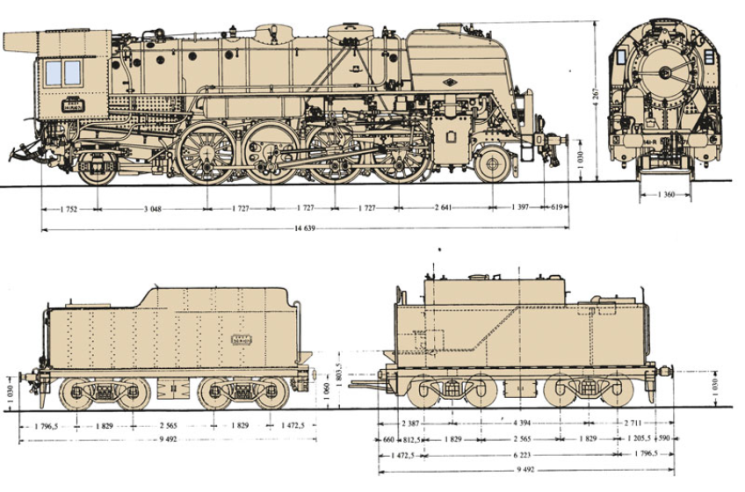 Um dos diagramas oficiais da época, apresentado na sua forma "dimensionada" em milímetros, distribuído pela SNCF para identificação pelo pessoal. O A proposta é uma versão a carvão (esquerda) ou uma versão combinada de carvão e fuelóleo (direita). © IXO Collections SAS - Tous droits réservés. Crédits photo © Collection Trainsconsultant-Lamming