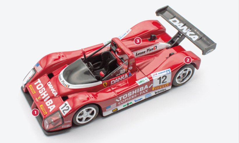 1. The WSC/LMP1 regulations stipulate that the car should have a flat bottom with no aerodynamic devices.2. This car is a short-tail type, while other versions have an extended rear end under the wing. 3. Maranello assembled the first F333 SPs on its premises. Subsequent models were built in the Dallara and Michelotto workshops.© IXO Collections SAS - Tous droits réservés. 