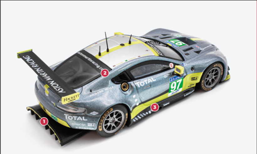 1. The principal new feature of the 2016 revamp was the large rear extractor permitted by a slightly more permissive category regulation that year.2. Compared to the 2008 GT2, the 2012 V8 Vantage GTE benefits from a more robust roll cage, offering the driver greater safety.3. The V8 Vantage racing car is slightly longer than the road car and follows the same shape. The only changes are to the wings and lower profiles.© IXO Collections SAS - Tous droits réservés. 