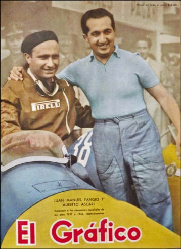 Le magazine sportif argentin “El Gráfico” célèbre le titre de Champion du Monde de son compatriote Juan Manuel Fangio (ici avec Alberto Ascari) en 1951 sur l’Alfetta 159. © IXO Collections SAS - Tous droits réservés. Crédits photo © Lancia D.R.