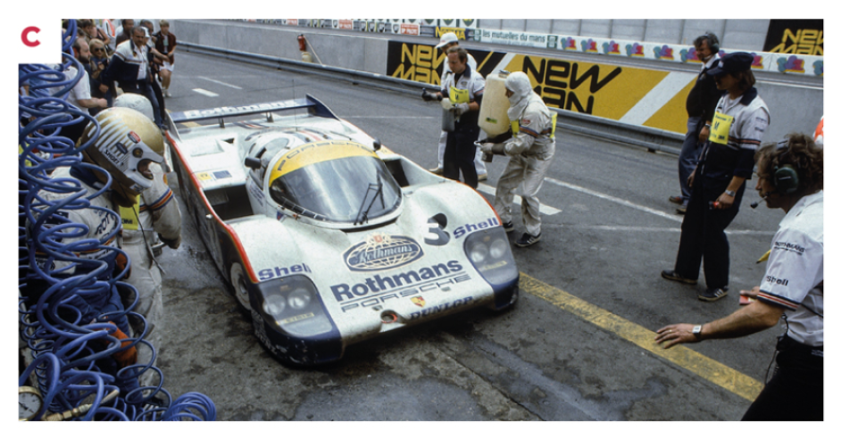 C. La 956, ici arrêtée au stand, remporte les 24 Heures du Mans 1983 avec Al Holbert, Vern Schuppan et Hurley Haywood. © IXO Collections SAS - Tous droits réservés. 