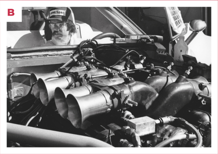 B. Greenwood sur la Corvette n° 76 qu’il partage avec Mike Brockman aux 24 Heures de Daytona 1976. Au premier plan, le moteur V8 préparé.© IXO Collections SAS - Tous droits réservés. 