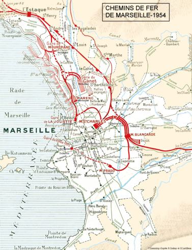 Le très intéressant plan des installations ferroviaires de Marseille, paru en 1955 dans Géographie des Chemins de fer de Henri Lartilleux, montre la complexité du système marseillais. Les gares de St-Charles, La Joliette ou du Vieux port sont notamment en cul-de-sac. © IXO Collections SAS - Tous droits réservés. Crédits photo © Collection Trainsconsultant-Lamming