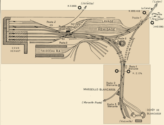 Le plan SNCF des voies de l’ensemble St-Charles et Blancarde montre que les trains allant de Paris à Nice ne peuvent desservir Marseille, sinon au prix d’un rebroussement dans la gare de St-Charles qui est en cul-de-sac. Ce sera un très grave inconvénient qui perdure aujourd’hui.© IXO Collections SAS - Tous droits réservés. Crédits photo © Collection Trainsconsultant-Lamming