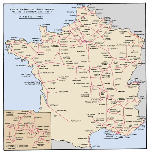 La rete delle linee 141-R nel 1963. Questo interessante documento della SNCF mostra che alcune regioni a ovest del Massiccio Centrale, così come l'intera area dei Pirenei, opponevano resistenza, per cui non circolavano 141-R.  © IXO Collections SAS - Tous droits réservés. Crédits photo © Collection Trainsconsultant-Lamming