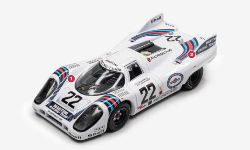 1. La voiture de l’équipe Porsche Martini qui gagne les 24 Heures du Mans 1971 est l’une des rares 917 K dotées d’un châssis en alliage d’aluminium et de magnésium.2. La version à queue courte dite « K » (de l’allemand Kurzheck, « queue courte ») est développée fin 1969 en vue de résoudre les problèmes de stabilité de la 917 première série dotée d’une carrosserie semblable à celle de la 908 coupé.© IXO Collections SAS - Tous droits réservés. 